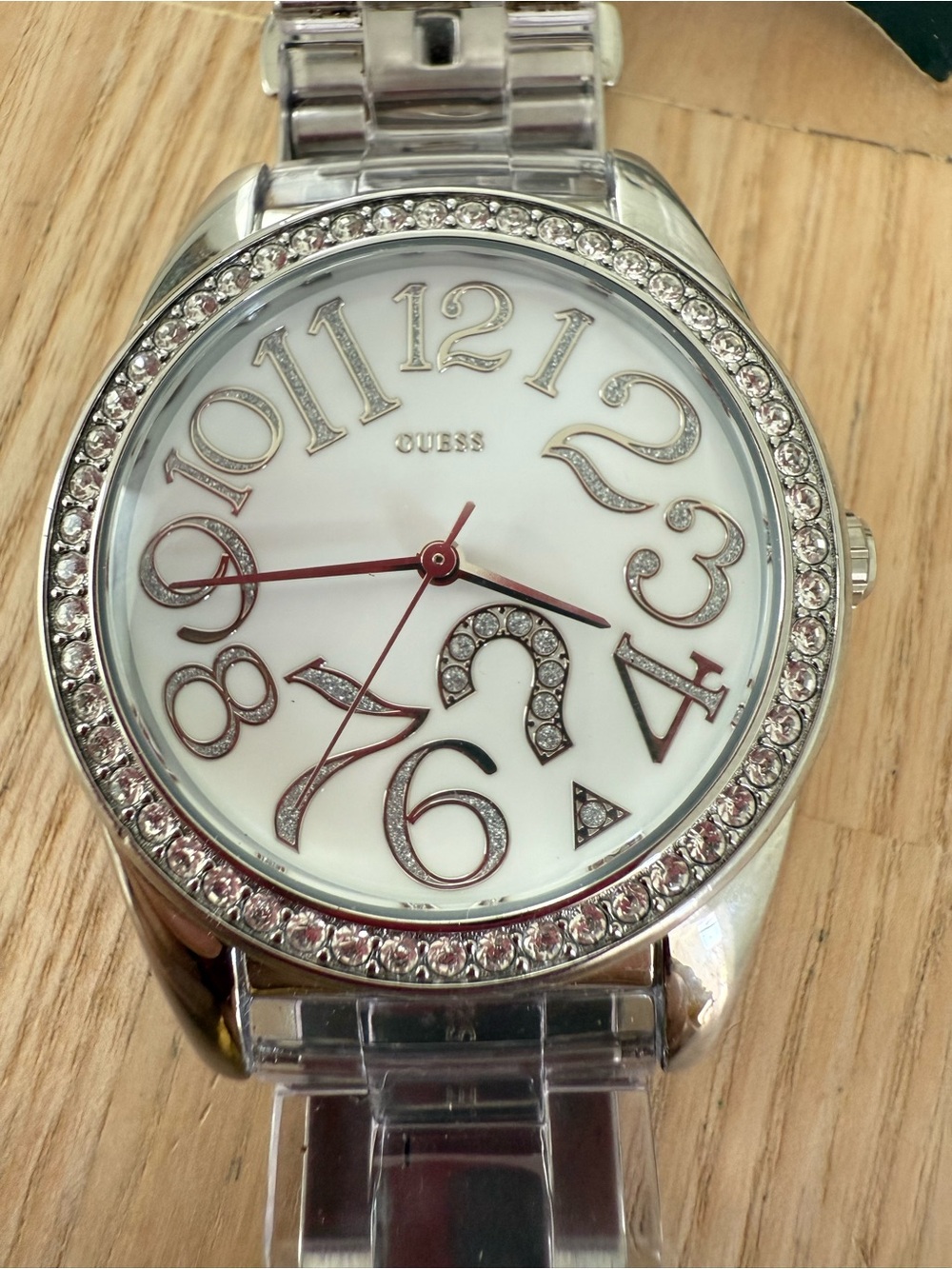 Guess ladies silver tone crystal accented transparent link watch NEW BATTERY